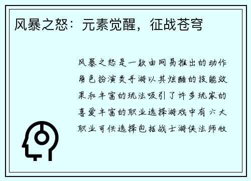 风暴之怒：元素觉醒，征战苍穹